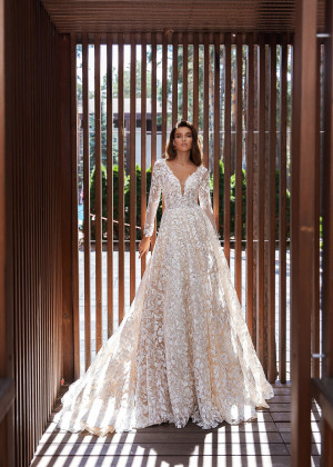 Long Sleeve Beaded Ivory Lace Cathedral Wedding Dress